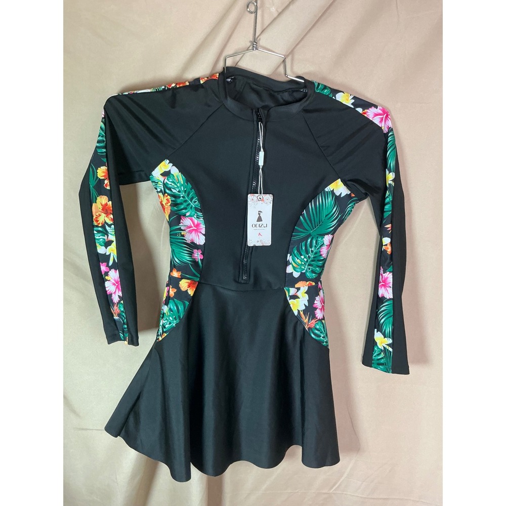 ODIZLI Rash Guard Swim Dress Women‎ S Black New Tropical Floral Long Sleeve Zip
